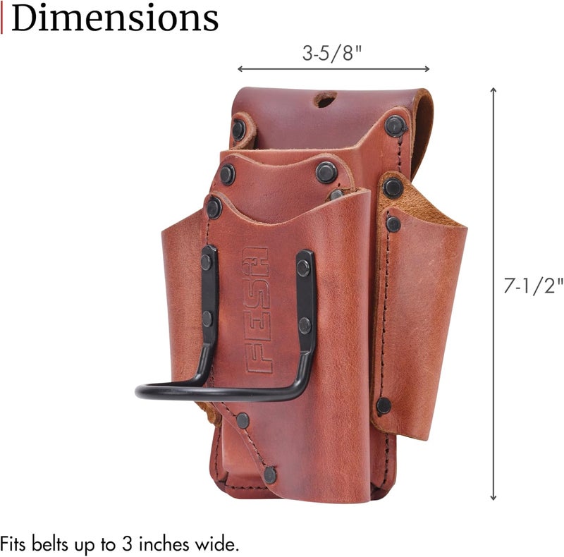fesa Small Leather Tool Pouch - 5-in-1 Heavy Top Grain Leather Small Tool Pouch with a Steel Hammer Loop, 4 Pockets & Reinforced Heavy Duty Rivets - Fits Belts up to 3" - Handcrafted - Image 4